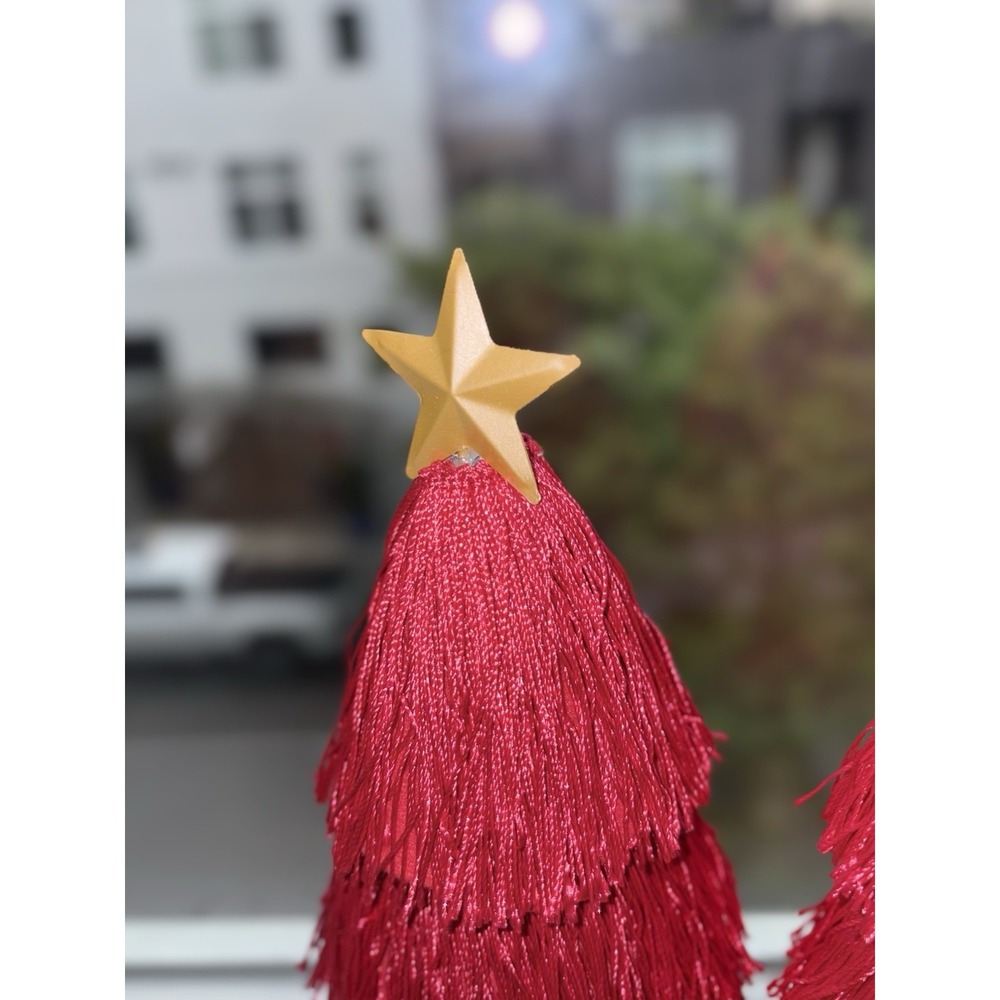 Pink Christmas Trees Set 2 Tassel Fringe Gold Base Tabletop Holiday Decor - Picture 2 of 5